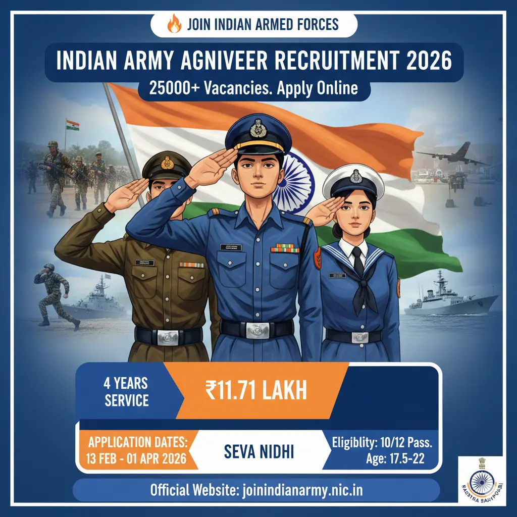 Indian Army Agniveer Recruitment 2026 – Apply Online for 25,000+ Posts | Eligibility, Exam Date, Rally & Full Details