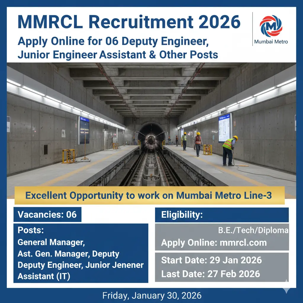MMRCL Recruitment 2026: Apply Online for 06 Deputy Engineer, Junior Engineer, Assistant & Other Posts